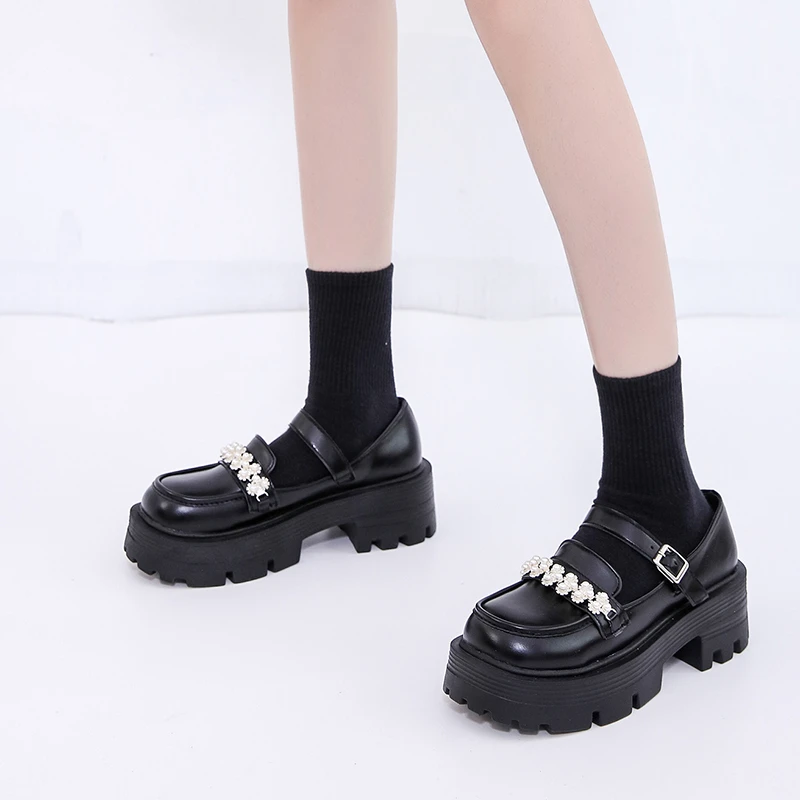 

Platform Metal Buckle Shoes Spring Fall New British Style Women Casual Flats Black Wine-Red Round Toe Sapato Feminino zapatos