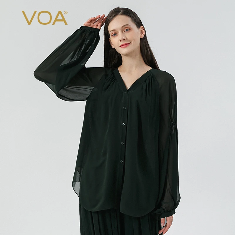 

VOA Green Double Layered Georgette Silk Raglan Lantern Long Sleeve Tops Single Breasted V-Neck Casual Silk Women Shirt BE1192