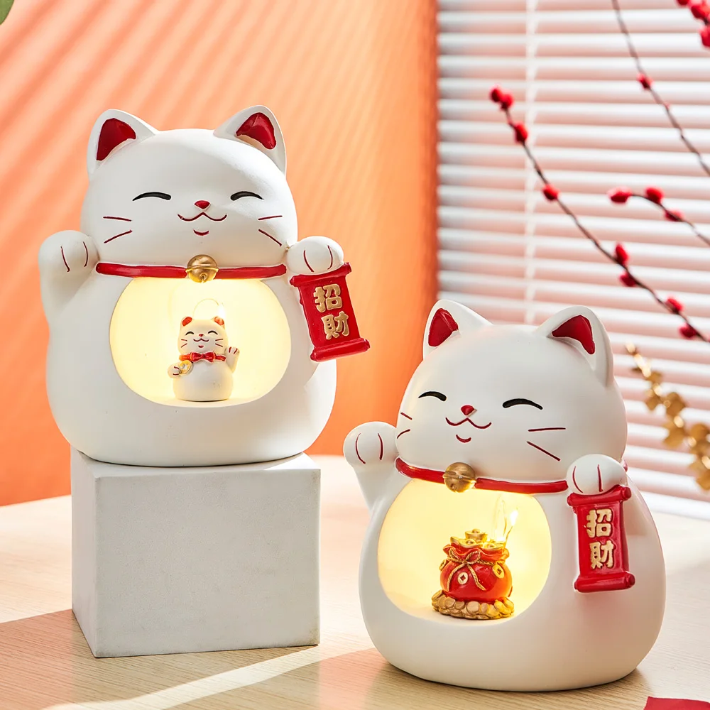 

Japanese Resin Lucky Cat Figurines Maneki Neko Home Decoration Ornaments Business Gift Fortune Cat Night Light Christmas Gift