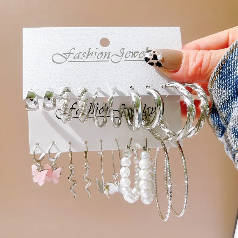 

Тренд панк серебряные золотые серьги-кольца из металла для женщин богемные акриловые жемчужные с-образные длинные серьги набор Femme Винтажн...