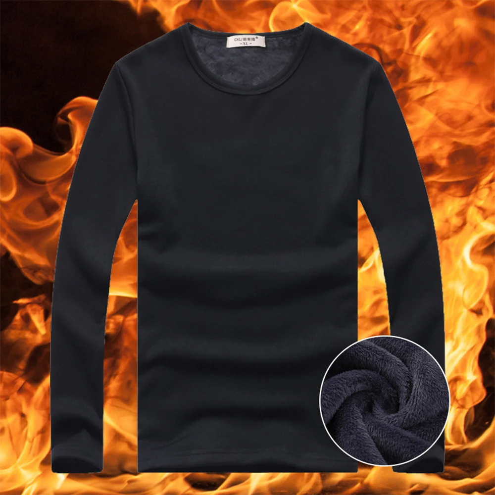 

Men Thermal Underwear Tops Fleece Thickened T-Shirt Autumn And Winter Round Neck Warm Tops Men's Solid Color Long-sleeved Tops