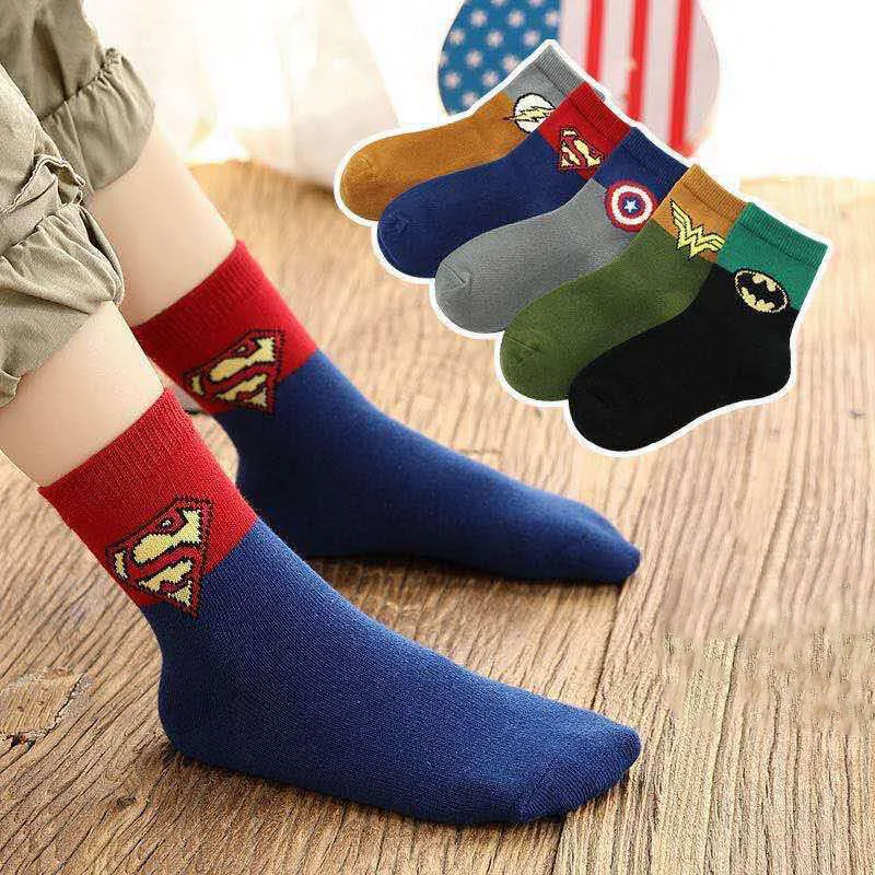 50 Pairs Cartoon Hero Series Socks Sweat Absorbent Casual Middle Tube Boy Girl Baby Middle Children Socks Spring Autumn Winter