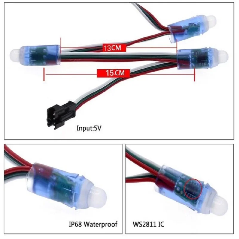 

50pcs 12mm 10cm/15cm wires 4m/6.5meter Full Color waterproof IP68 LED Pixel Light Module RGB Digital led strings DC5V WS2811