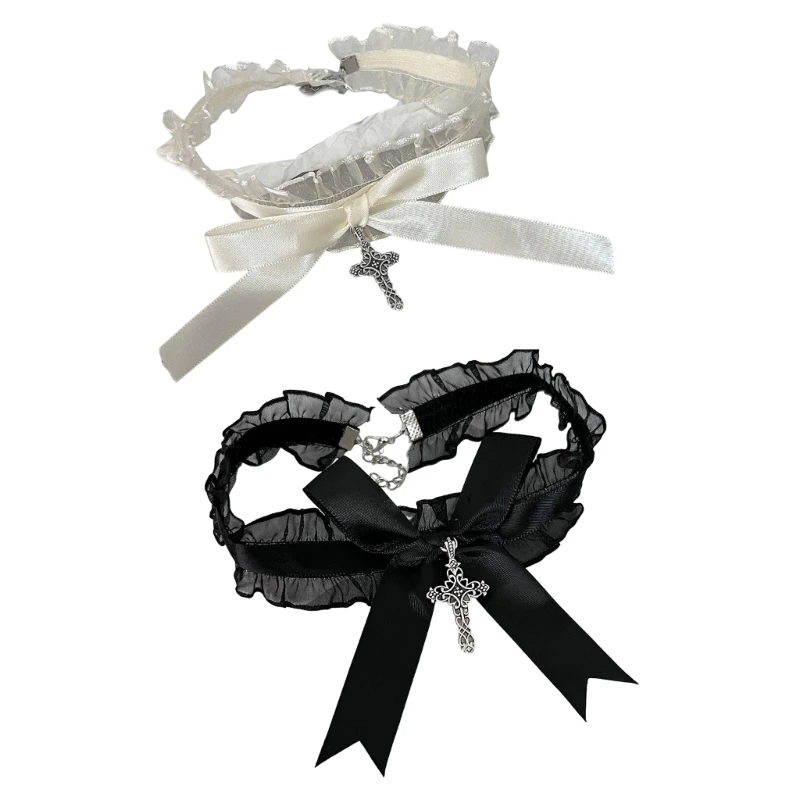 

Cute Ruffle Lace Choker with Bowknot Crosses Pendant Punk Gothic Maid Sweet Collar Accessories Jewelry for Women Drop Shipping