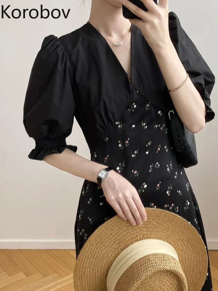 

Korobov French Temperament V Neck Robe Fashion Floral Dress Female Summer Slim Waist Splicing Puff Sleeves Vestidos De Mujer