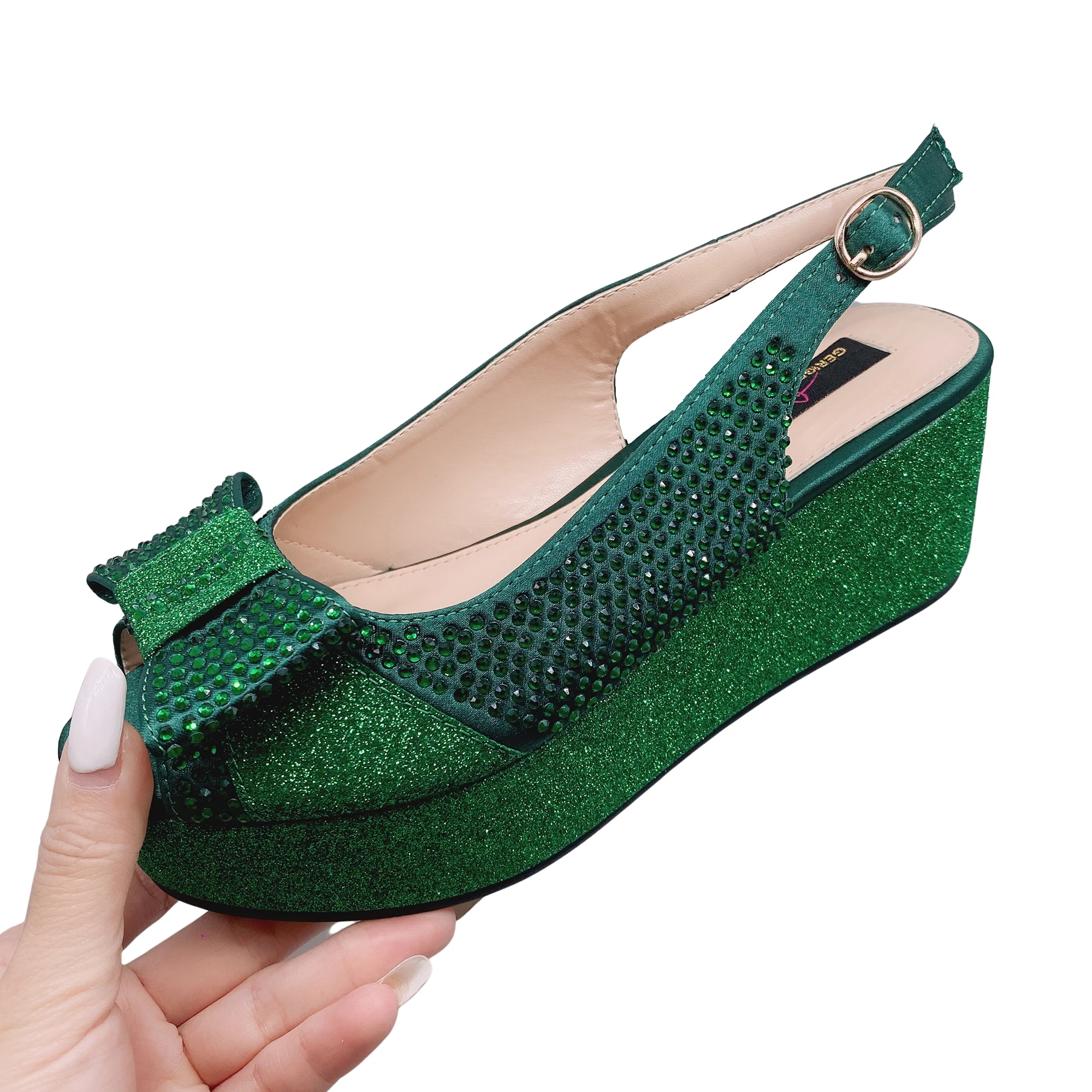 Yellow Peep Toe Wedge Sandals 2023 NEW Arrivals Chunky Wedge Heel Back Strap Women Shoes Bling Bling Bowknot Glitter Sandal Lady