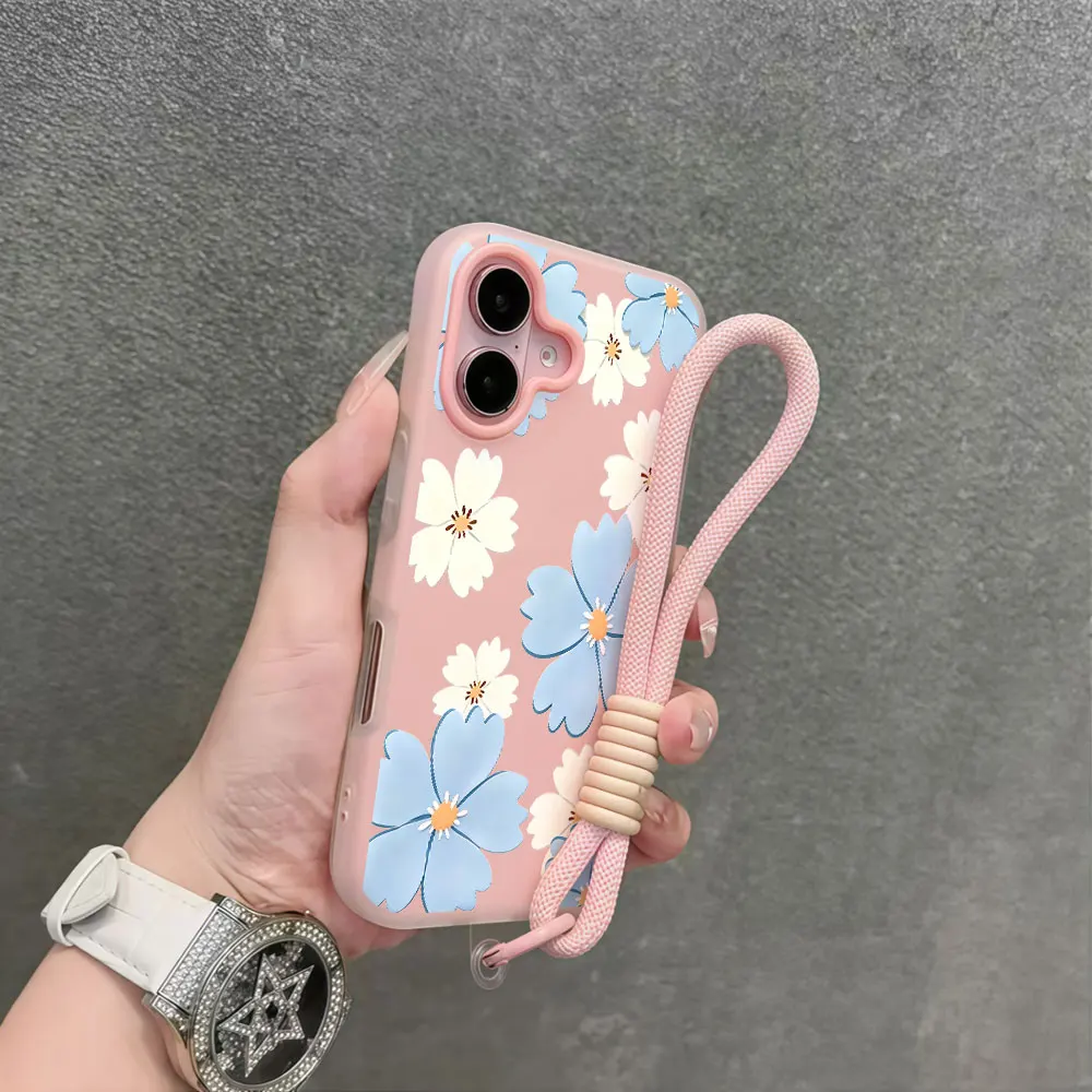 Фото Светло-голубой чехол для телефона с цветочным принтом для Samsung Galaxy S26 S25 S24 S23 S22 S21 Ultra Plus A55 A35 A34 с ремешком на запястье и шнурком №3