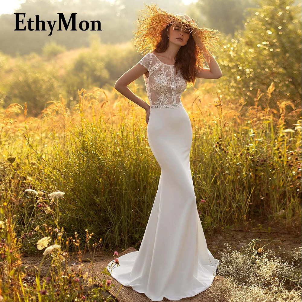 

Ethymon Pastrol Scoop Backless Floral Print Court Train Wedding Dress Satin 2023 Bridal Gown Vestido De Casamento Made To Order
