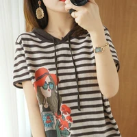 womens summer hooded short sleeve t shirt women stripe print korean loose t shirts fashion hoddies casual t shirt e17