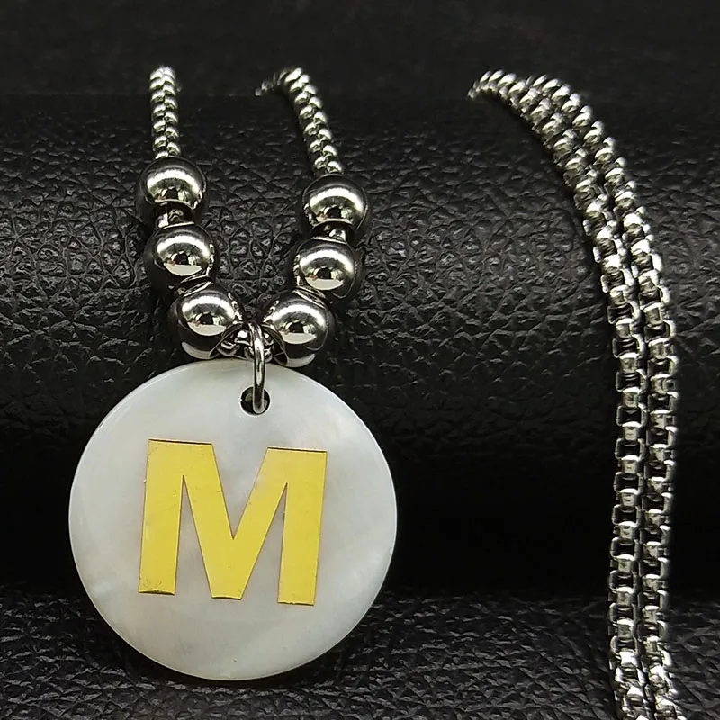 

M Letter Shell Stainless Steel Choker Necklace for Women Silver Color Long Bead Necklaces Pendants Jewelery bijoux N18668S07