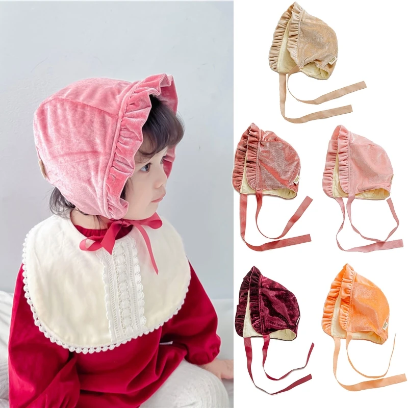 

Toddler Girl Sun Hat Bonnet Hats Ear Protection Muslin Props with Ruffle Brim Retro Headwear Skin-Friendly Hairdress P31B