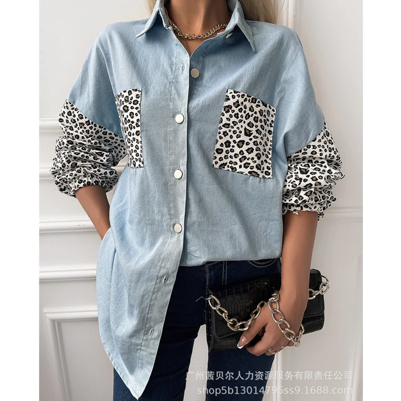 

Mandylandy Women Elegant Leopard Patchwork Shirt Lady Fashion Long Sleeve Turn Down Collar Single Breasted Pocket T-shirt