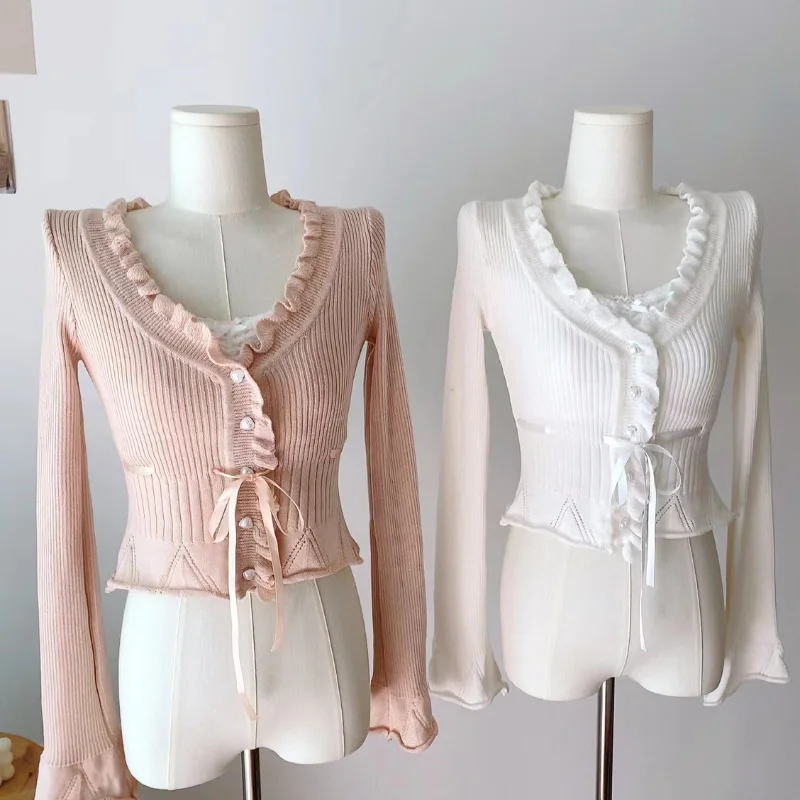 

Sweet Women Cardigans Fake Two Pieces Knitted Sweater Long Sleeve Bow Lace Splicing Tops Kawaii Clothes