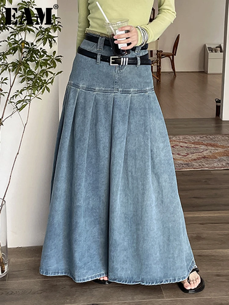 

[EAM] High Waist Blue Pleated Casual Denim Casual Long Half-body Skirt Women Fashion Tide New Spring Autumn 2023 1DF668305S