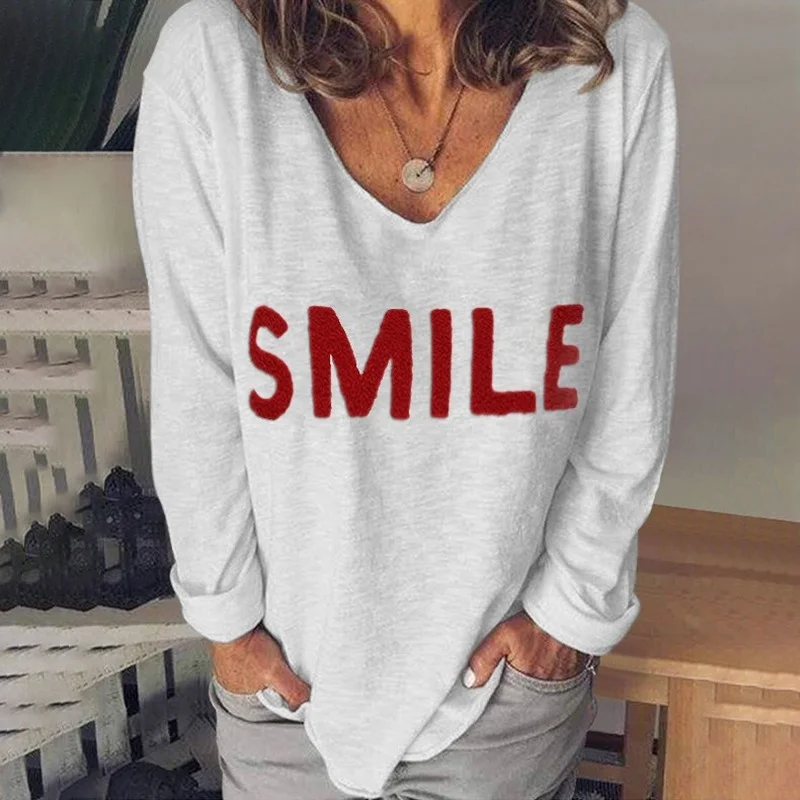 

Women Plus Size V Neck Long Sleeve Tops Smile Letter Embroidered T Shirts Vintage Loose Casual Tees Spring Autumn New Fashion