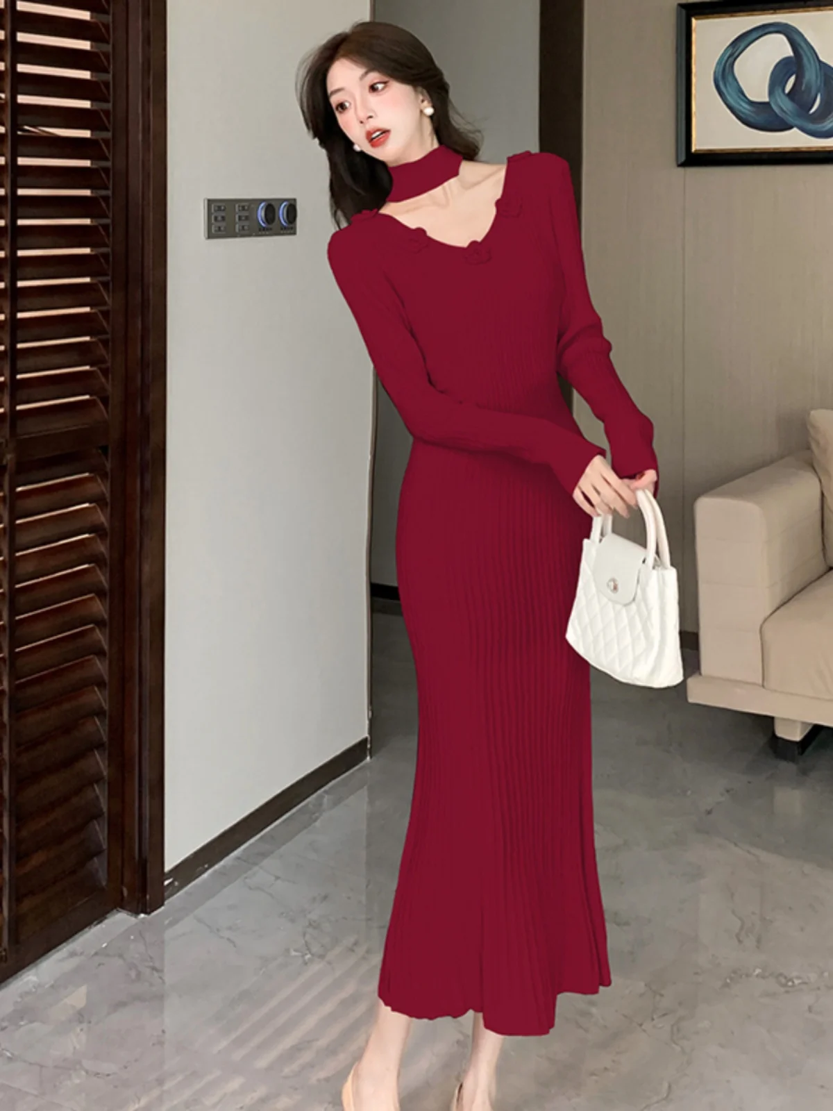 Французский облегающий шарф вязаное платье для внутренней одежды розовое 2024