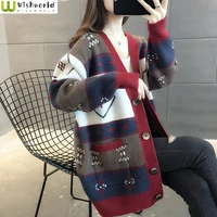 2022 new cardigan coat womens knitting medium long student korean spring and autumn sweater womens loose v neck top