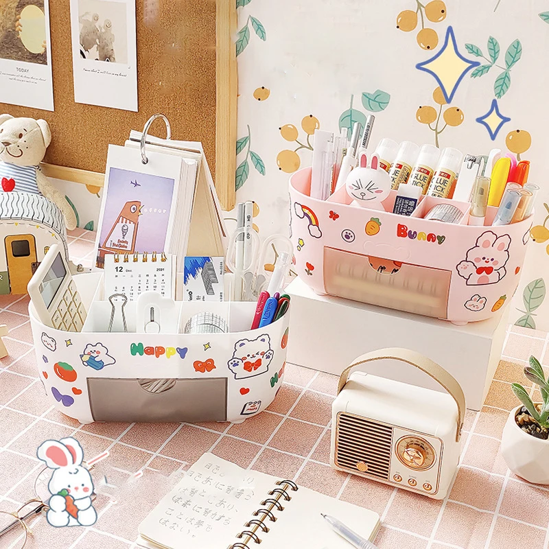 

Kawaii Desktop Pen Holder Large-capacity Cute Stationery Storage Box Creative Cartoon Pencil Holder Ins Style Desk Organizer