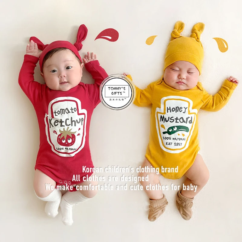 Ins Spring Newborn Girls Boys clothes  Fruit Letter Print Bodysuit 0-12 Months Fashion One Piece Clothes With Hat Suit For Baby