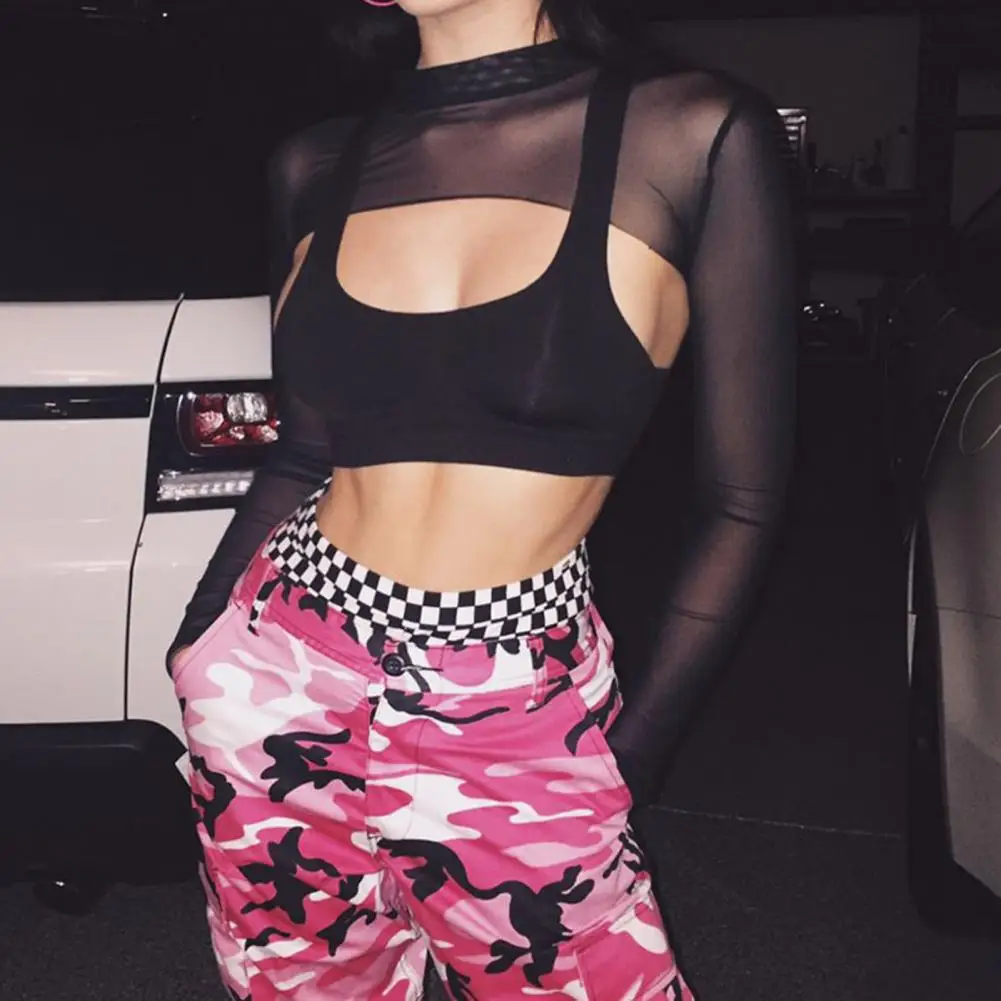 

Breathable Attractive Perspective Mesh Dance T-shirt Blouse Ultra Short Dance T-shirt Metal Ring Decor Female Clothes