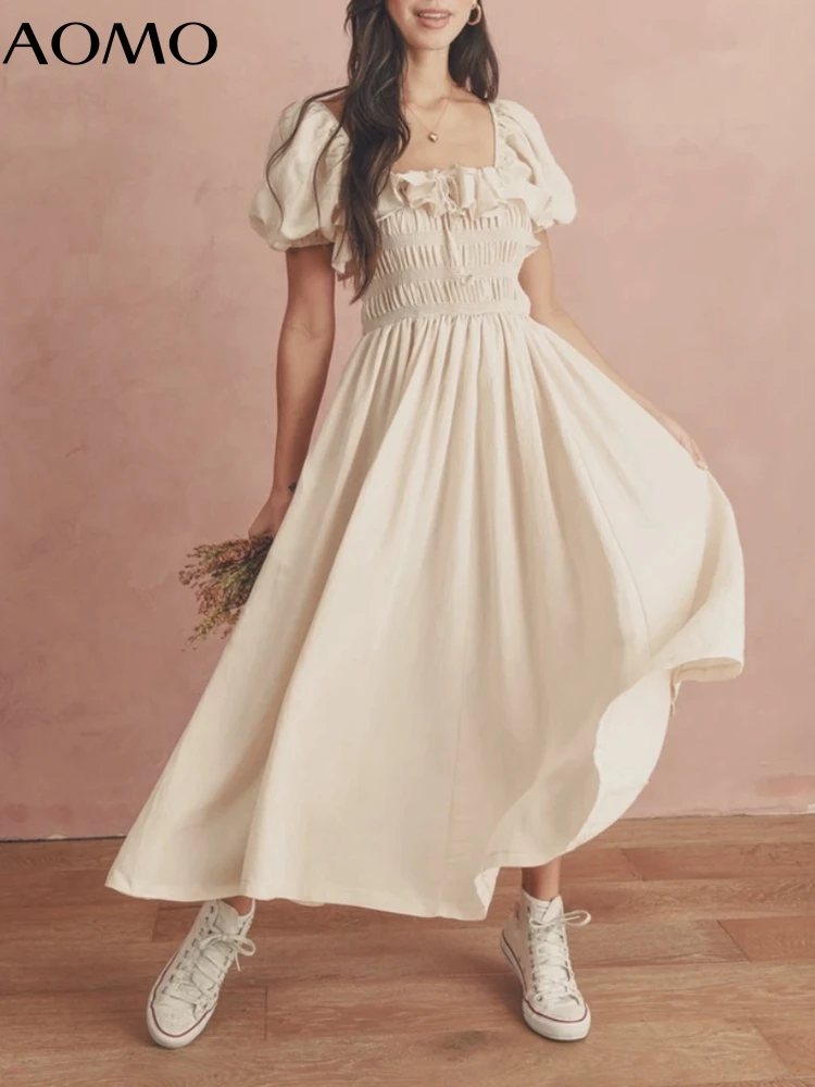 

AOMO 2022 New Vintage Style Women Ruffles Pleated Long Dress Puff Short Sleeve Ladies Maxi Dress 8M39A