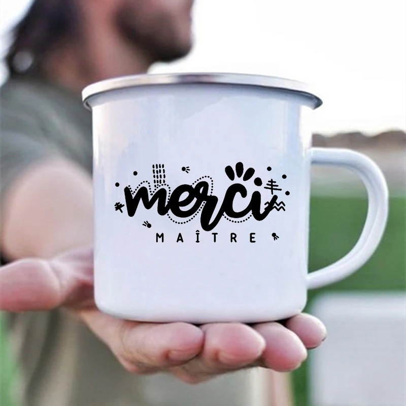 

Merci Maître Print Mugs Creative Coffee Cups Drinks Water Milk Tea Cup Enamel Mug School Home Handle Drinkware Best Teacher Gift