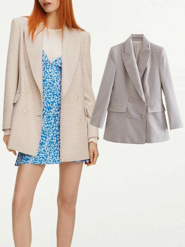 

Blazer Women Fashion Double Breasted Slim Fit Plaid Blazer 2022 New Retro Long Sleeve Women Jacket Blazer Chic Top