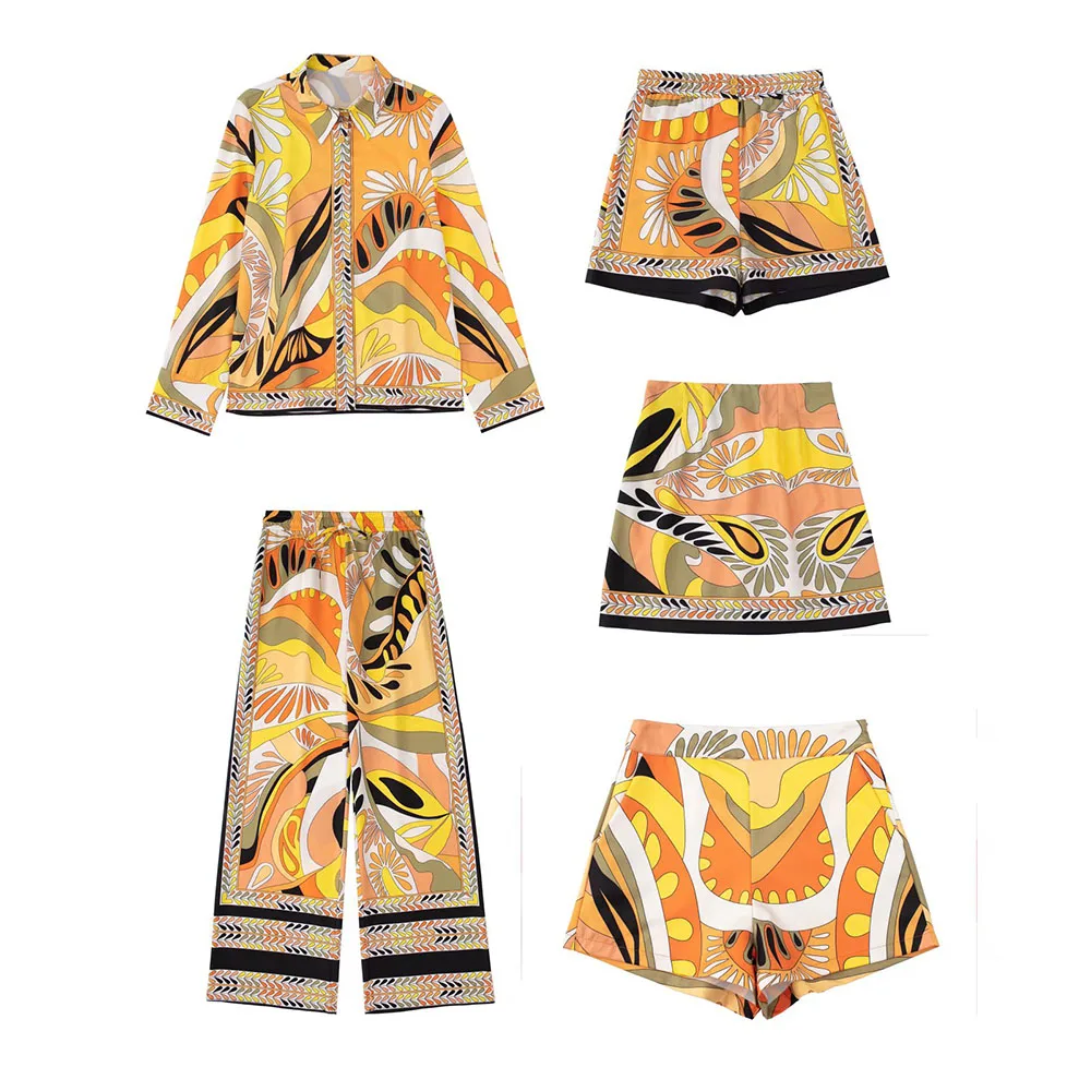 2022 Female Clothing New Fashion Chic Lady Shirt + Print Wide-leg Pants +Mini Skirts +High Waist For Women Shorts Set L9978