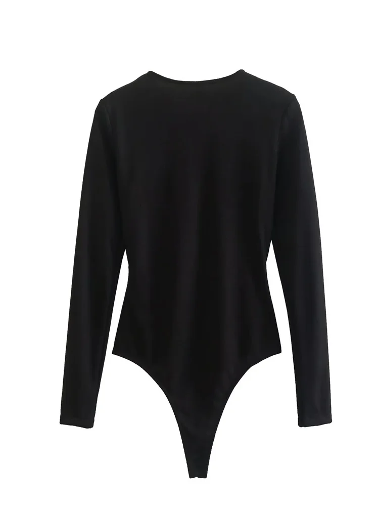 

MESTTRAF 2022 French Design Sexy Women Fashion Black Fitted Bodysuit Vintage Long Sleeve Round Collar Female Playsuits