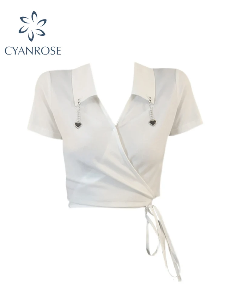 

Summer Women's Crop Top White Short Sleeve T Shirt Casual Harajuku Fashion Vintage Tops V-Neck Chic Solid Color All-match Tee