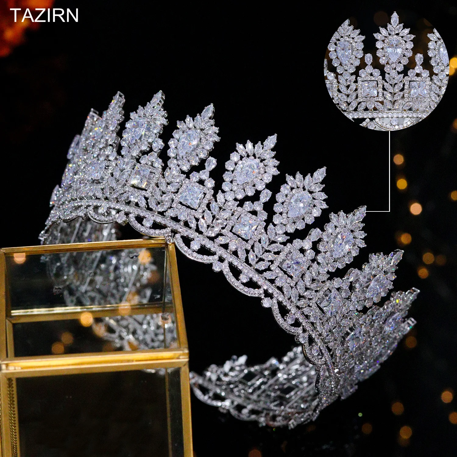 

Luxury Royal Wedding Round Tiaras Big CZ Arabic Crowns for Women Cubic Zirconia Large Saudi Arabia Gold Headpiece Hair Jewelry