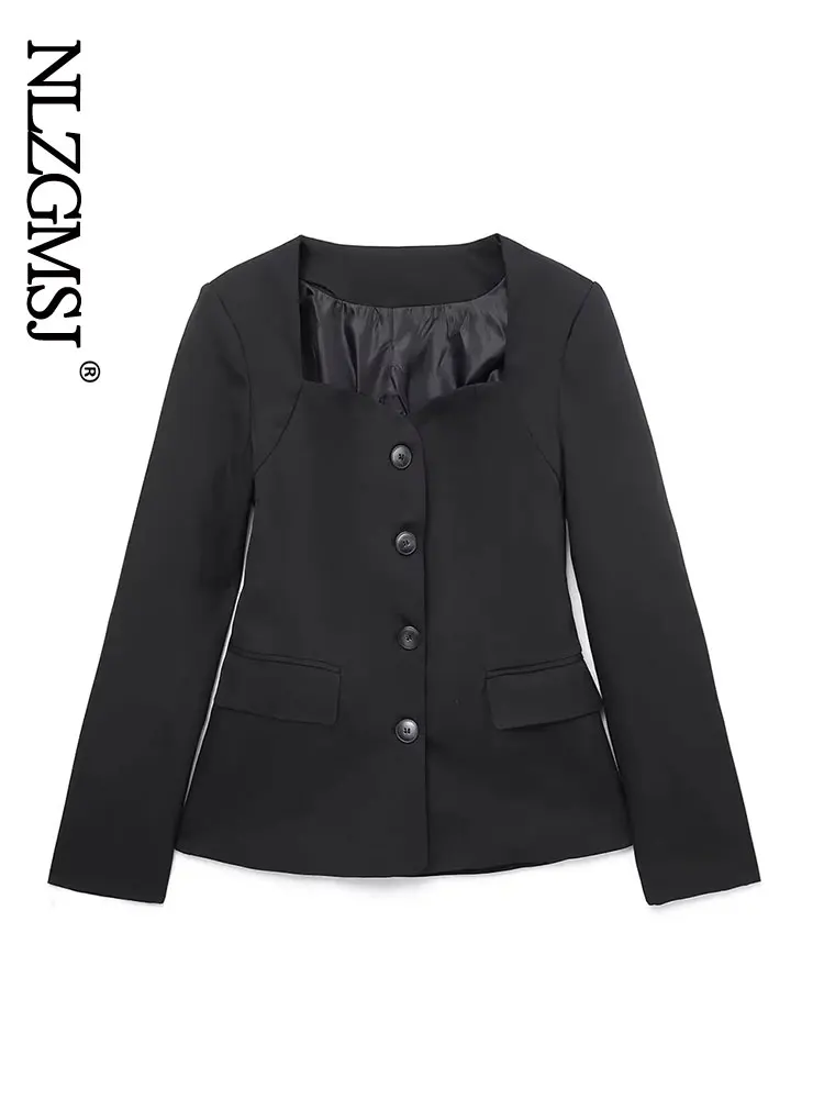 

2023 Autumn Winter Runway Blazer Women Fashion Long Sleeve Square Neck Single Button Top Elegant Casual Outwear