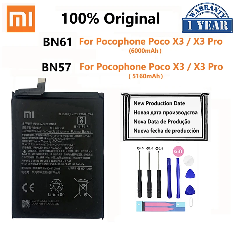 

100% Original Xiao mi BN61 BN57 6000mAh Phone Battery For Xiaomi Pocophone X3 Poco X3 Pro X3Pro Replacement Batteries Bateria