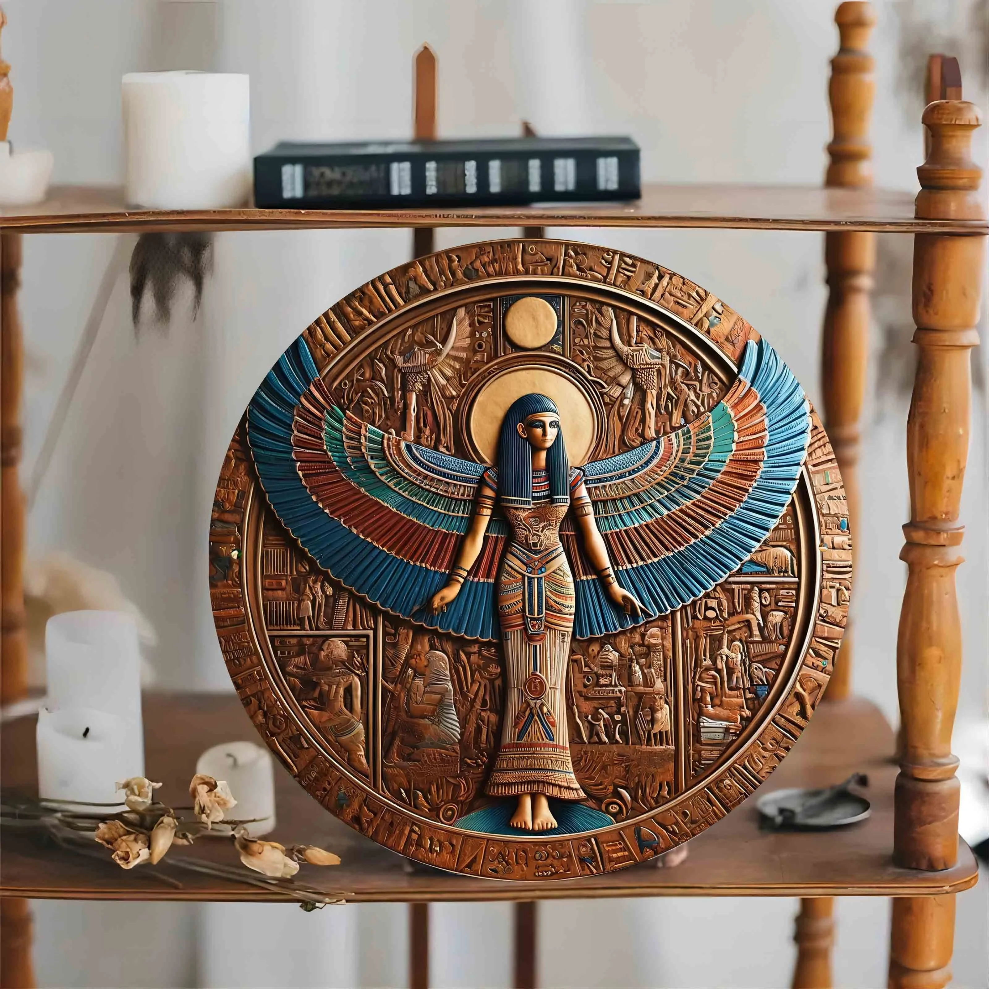 Постер из алюминия Wing Guardian для египетской богини Круглый 2D Настенный декор 8