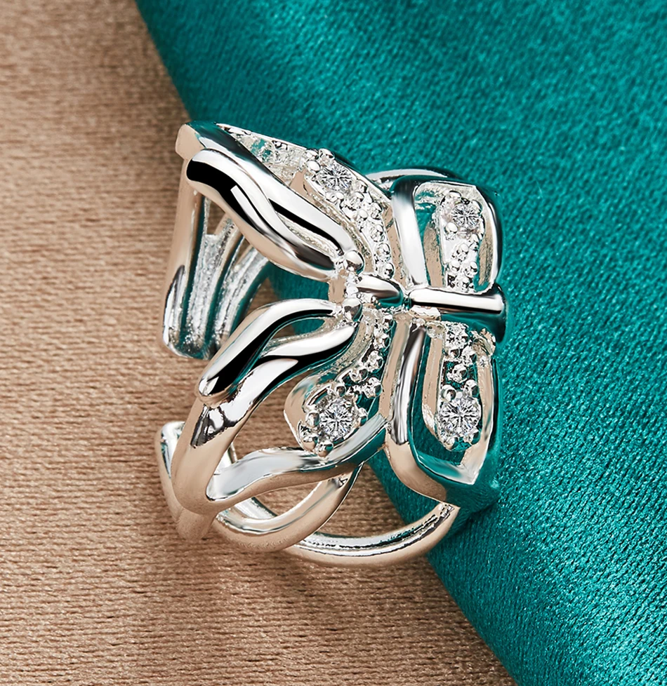 Женское Открытое кольцо серебряного цвета, регулируемый размер, инкрустированное кристаллами в форме бабочки, кольцо на палец для женщин, Прямая поставка, оптовая продажа MR174