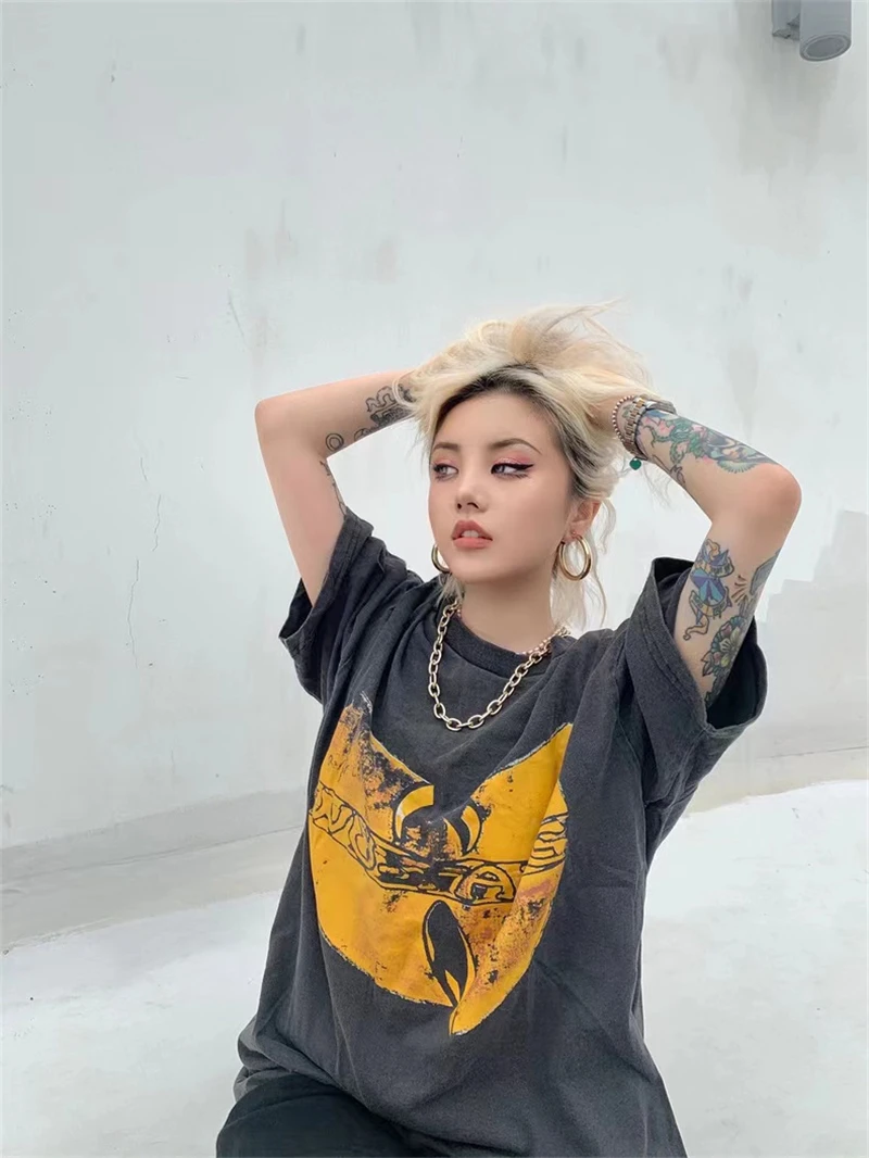 

Vintage WU-T Rock Hip Hop Band Letter Print Extra Large T-shirt Vintage Street Short Sleeve High Street Casual Loose T-shirt