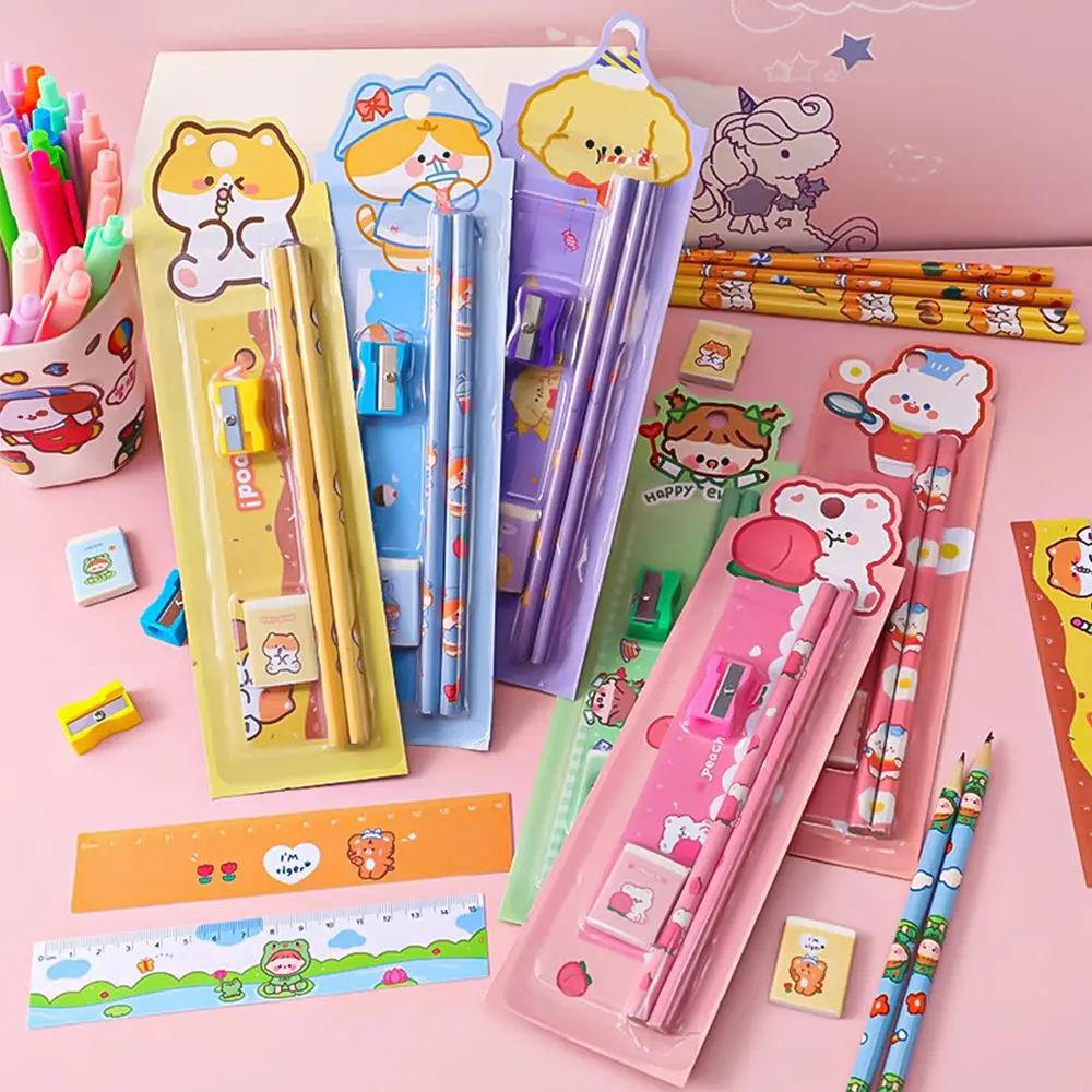 

Cartoon Cute Holiday Present Pencils with Eraser Ruler Gift Box Stationery Set Combination of 5 Set School Supplies