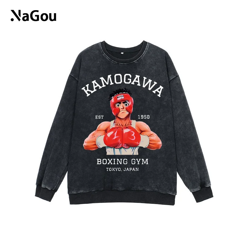 

Anime Hajime No Ippo Hoodie Men Winter Cotton Loose Long Sleeve Crewneck Sweatshirt Baggy Acid Wash Vintage Hip Hop Pullover Y2K