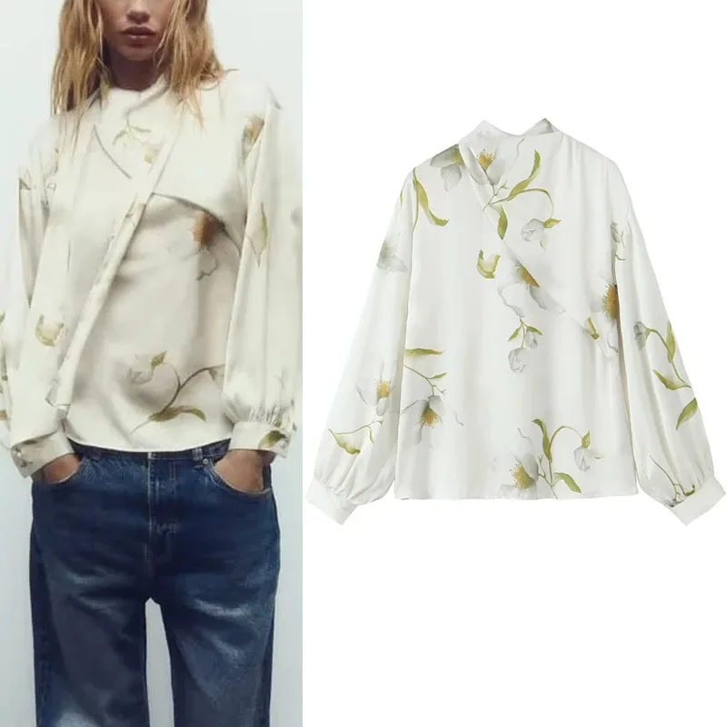 

TRAF Floral Print Top For Woman 2023 Spring Autumn High Collar Wrap Blouses Chinese Elegant Self Ties Long Sleeves Female Shirts