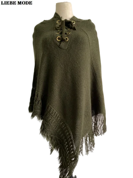 

Womens Knitted Hooded Pullover Sweater Winter Warm Fashion Bandage Capes Ponchos Batwing Sleeve Tassel Oversized Jumer Mujer
