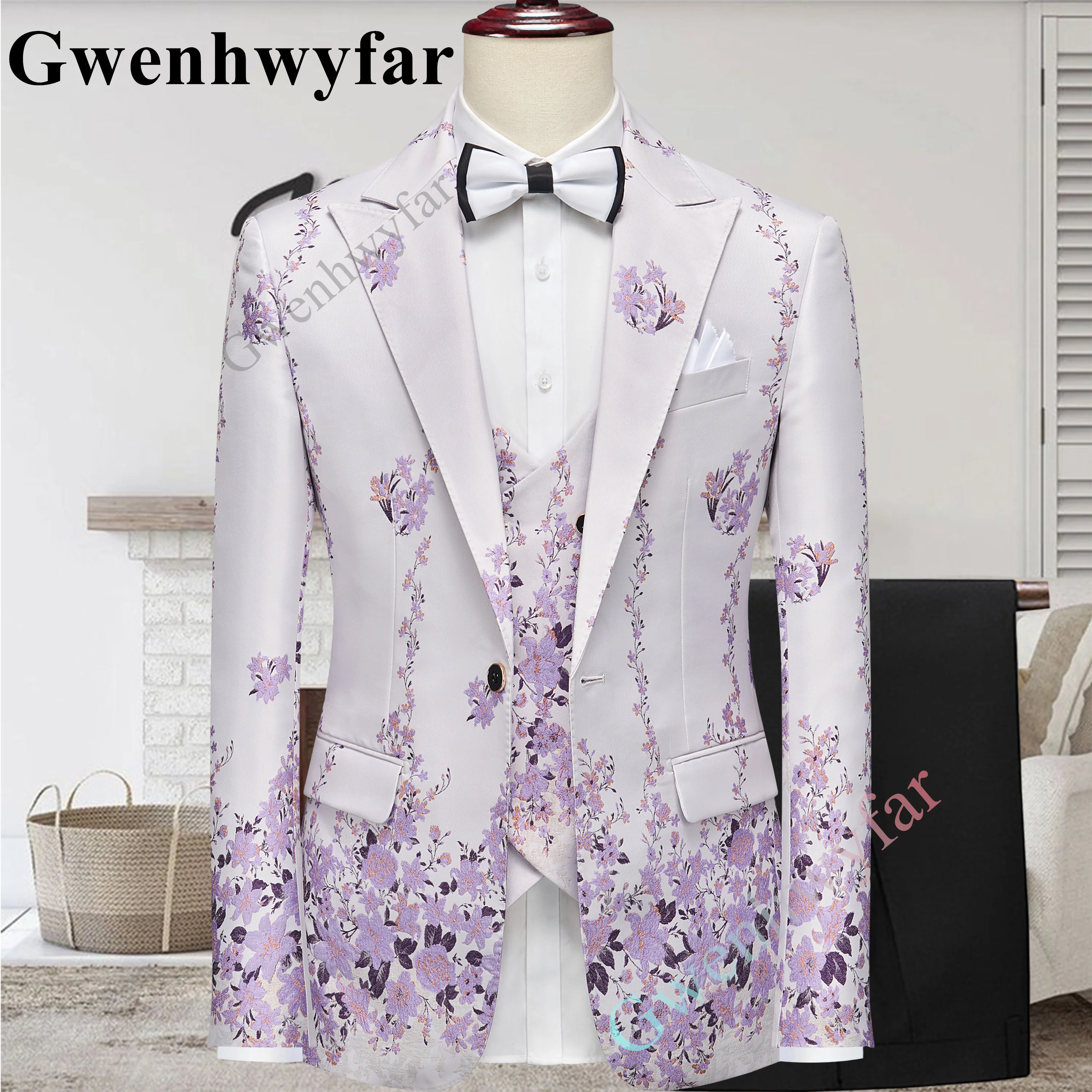

Gwenhwyfar Latest Design Light Violet Fabric Floral Pattern Fashion Male Suits Slim Fit 3Pcs Peak Lapel Formal Elegant Business