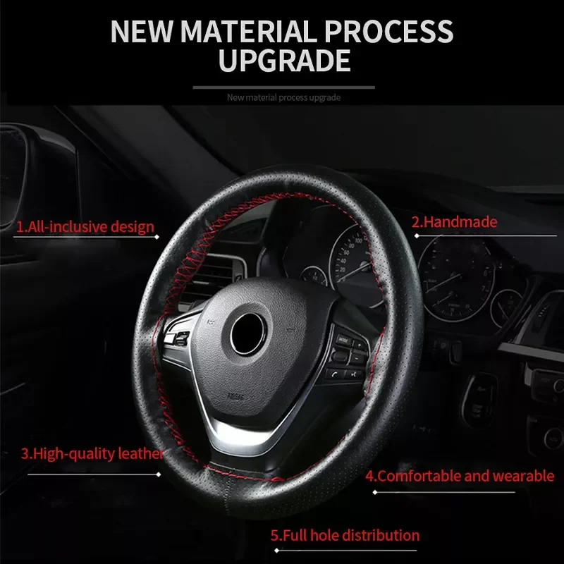 

Premium Genuine Leather Steering Wheel Cover 37CM-38CM Anti-Slip Braiding Cover for Steering Wheel Cowhide Steering Protector