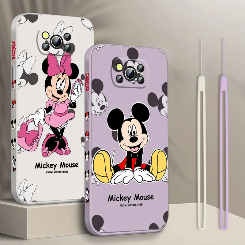

Disney Mickey Minnie Mouse Liquid Left Rope Phone Case For Xiaomi POCO F3 X4 X3 NFC GT X2 C31 C3 M2 M3 M4 Pro Funda Cover