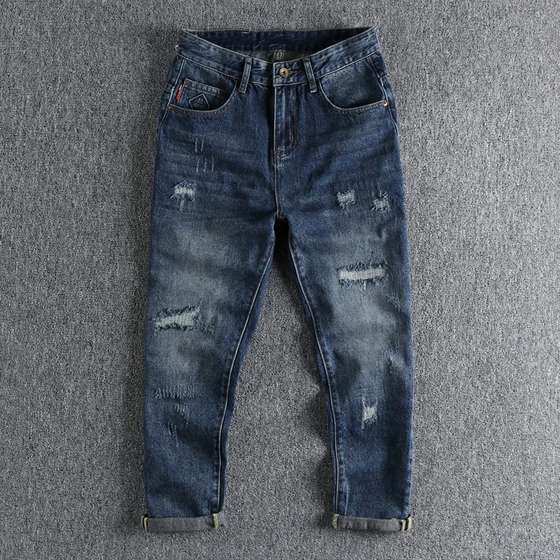 

Впечатляющий узор тяжелые Ретро трендовые уличные джинсы мужские должны сделать старые отверстия патч молодые Папины брюки.