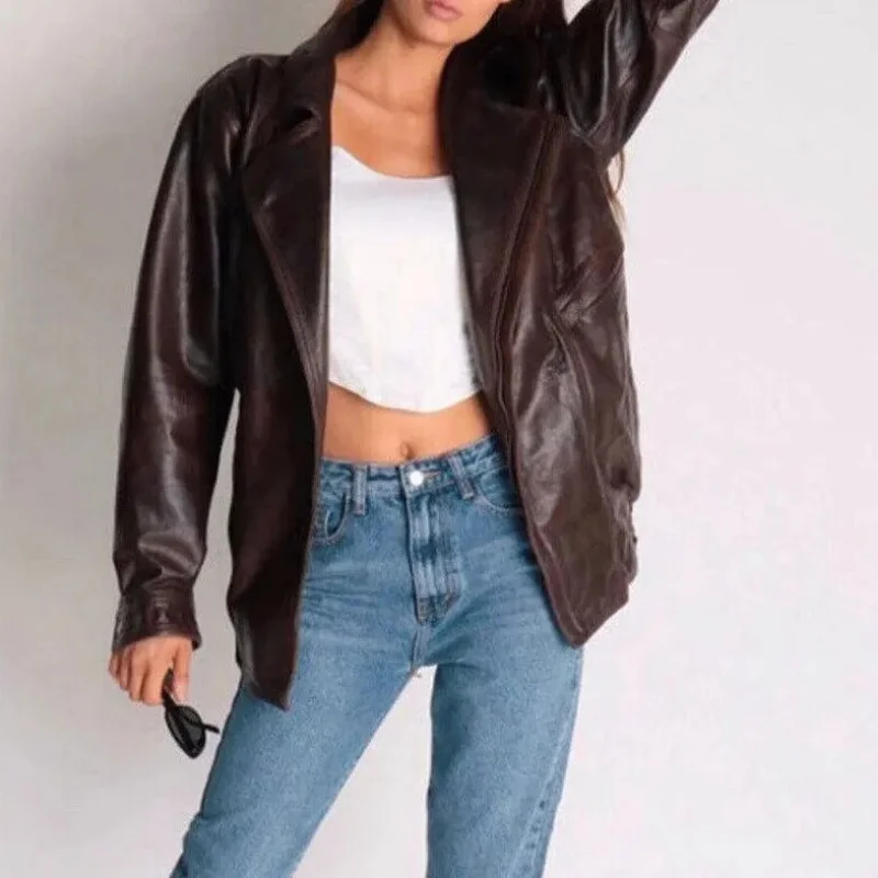 Women Jacket Retro Brown Real Lambskin Leather Vintage Oversized Jacket