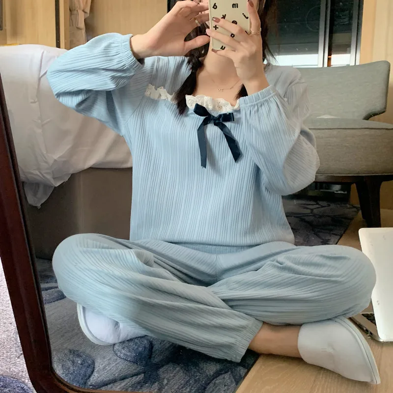 Ins Loose Spring Autumn Pajamas Set Ladies Long Sleeve Pant Suit Student Home Wear Clothes Cotton Women Sleepwear Pijamas Mujer