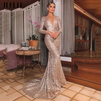 jeheth sexy floor length v neck open back sequin evening dress long sleeve wedding sexy women celebrity gowns party gowns