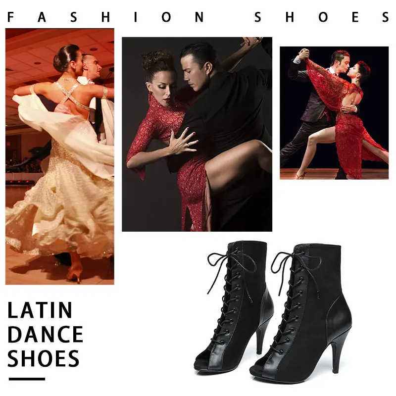 SWDZM Women Dancing Shoes Red Black Woman High Top High Heel Tango Ballroom Latin Dance Shoes Lady Salsa Dance Boots Suede Sole