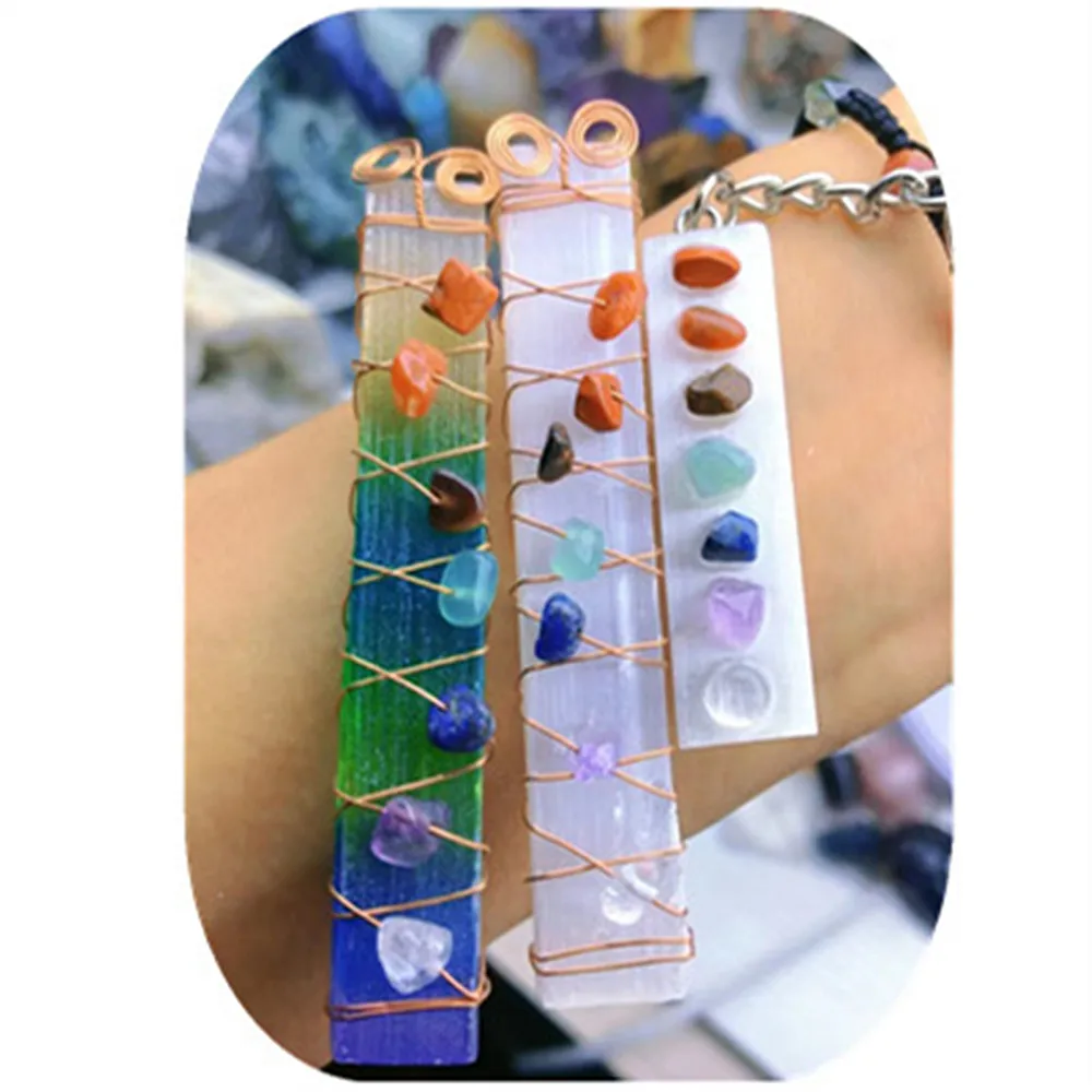 

Селенитная соляная палочка, 7 чакр с проволочной оберткой, красочные квадратные камни для йоги, медитации