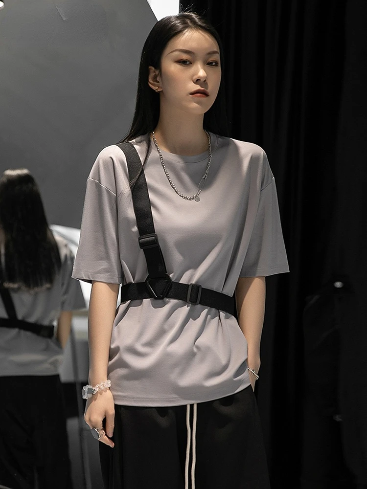 

Women Black Brief Belted Casual T-shirt New Round Neck Half Sleeve Loose Fit Fashion Tide Spring Summer 2023 1DF5708